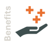 An icon of a hand with red plus signs above it, next to the word "Benefits" in vertical text.