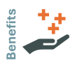 An icon of a hand with red plus signs above it, next to the word "Benefits" in vertical text.