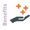 An icon of a hand with red plus signs above it, next to the word "Benefits" in vertical text.